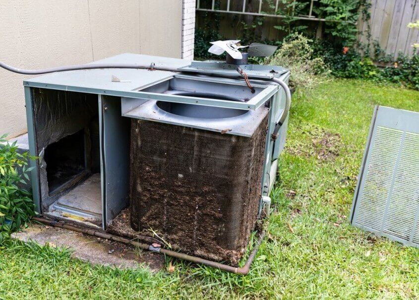 Air Conditioner system with dirty condenser coils that need to be cleaned.
